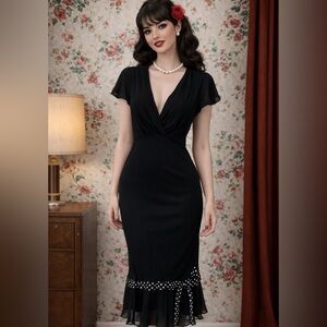 La Jolie Y2K Black Chiffon Ribbon Ruffle Empire Waist  Whimsigoth Dress Size 10